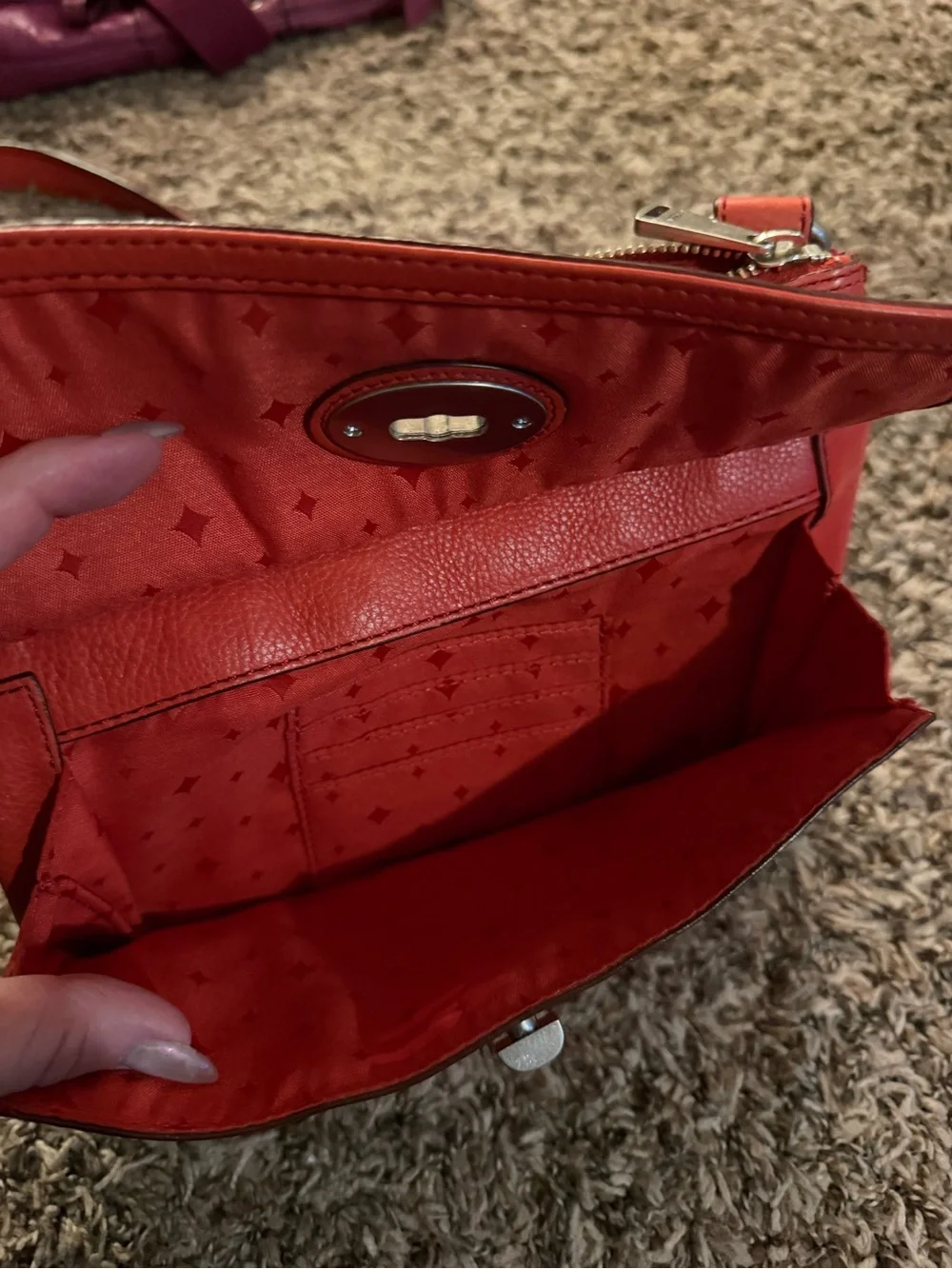 Vintage Fossil Orange Leather Crossbody Bag Key Charm Boho Purse